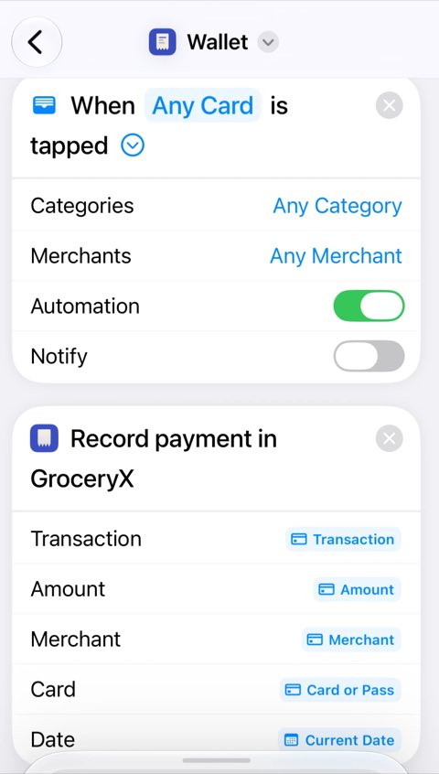 Shortcut editor: Wallet trigger with Automation on, and the Record payment in GroceryX action