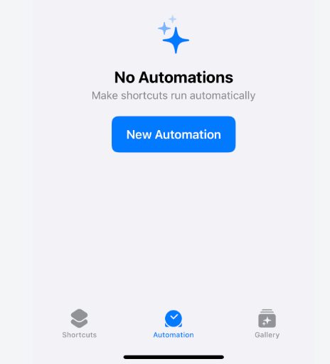 Shortcuts app, Automation tab with New Automation button