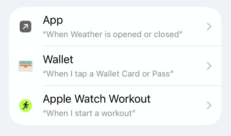 Automation triggers list with Wallet option